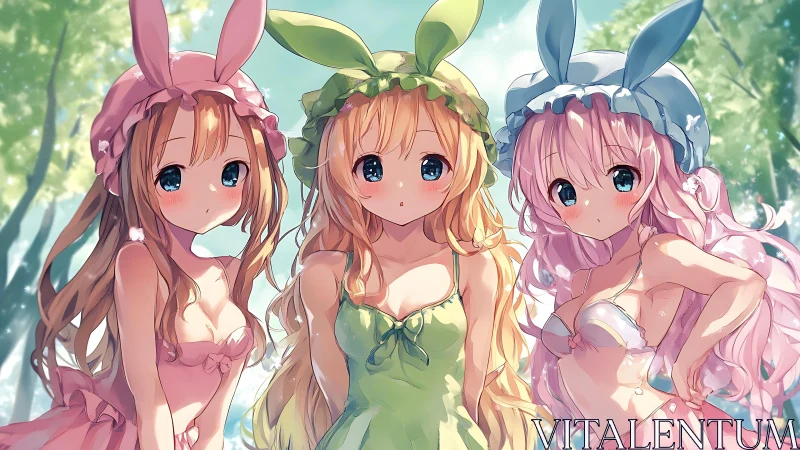 Three anime girls in bunny outfits under bright daylight.