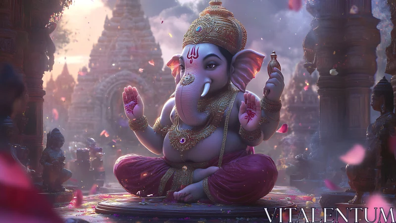 Ganesha sits in divine light amid temple incense and petals