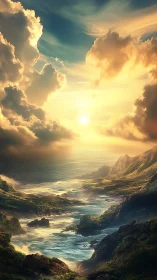 Golden sunset pours over dramatic fantasy ocean cliffs