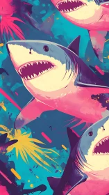 Bold neon sharks slice through splashes of wild ocean color