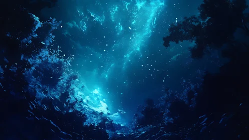 Midnight forest gazes up into a drifting cosmic ocean.