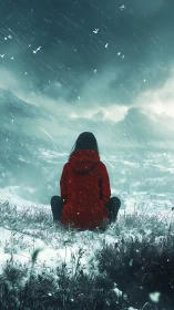 Solitary observer in red coat under oblique alpine snowfall.