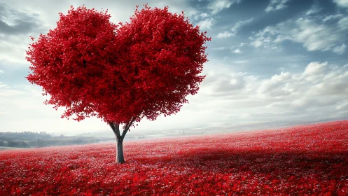 Heart-shaped tree dominates extensive red flower field landscape.
