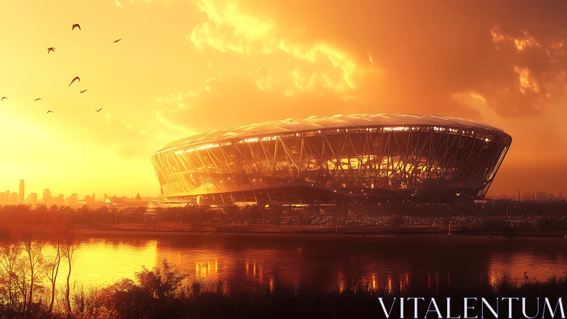 Oval stadium structure stands against dense sunset skyline