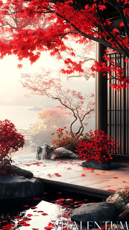 Red maple garden beside lakeside pavilion in soft light.