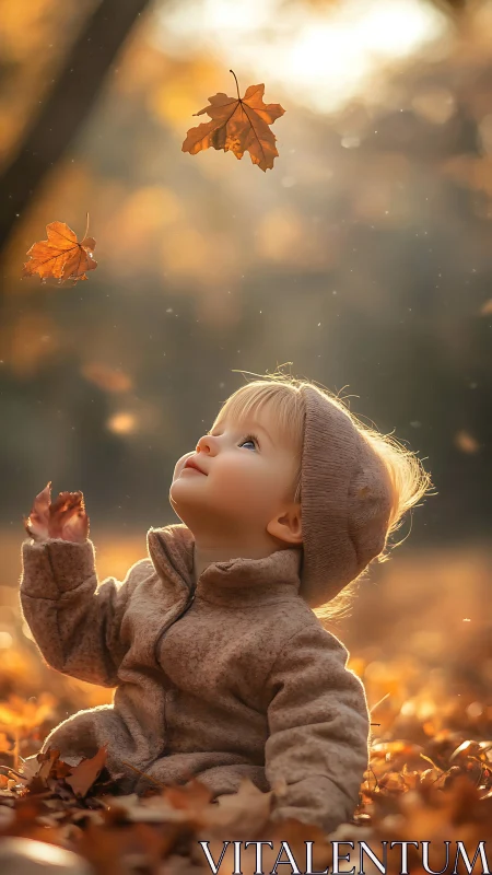 Toddler observing falling autumn leaves in dappled lighting.