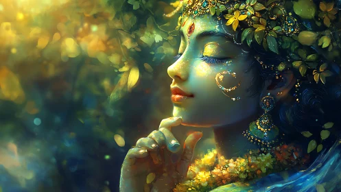 Ethereal forest goddess rests in glowing golden serenity