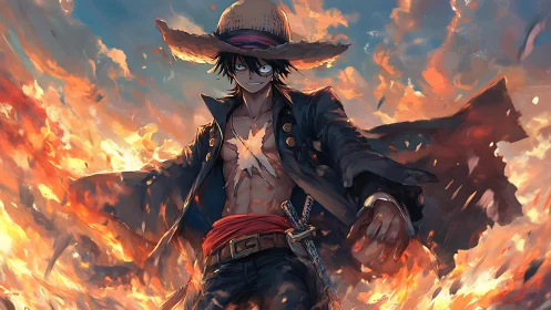 Fiery anime swordsman strides through swirling flames.