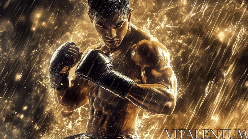 Golden Boxer Ready: Dynamic Combat Stance in Luminous Effect.