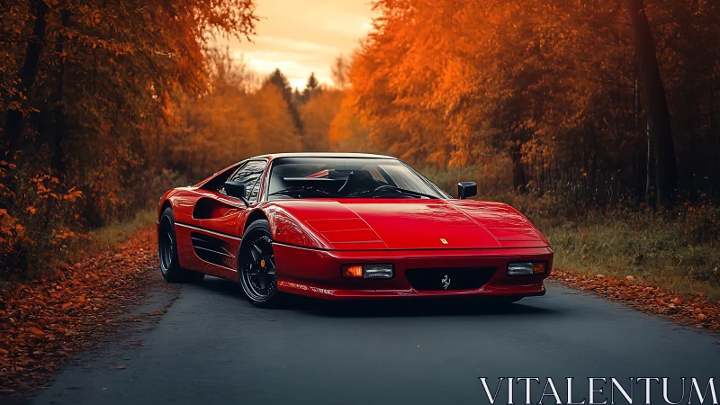 Crimson supercar prowls an autumn forest road in fiery hush.
