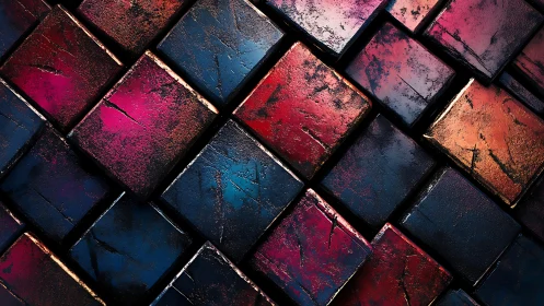 Abstract metallic square tiles with vibrant red and blue hues.