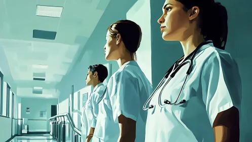 Medical staff in corridor rendered in digital painting style.