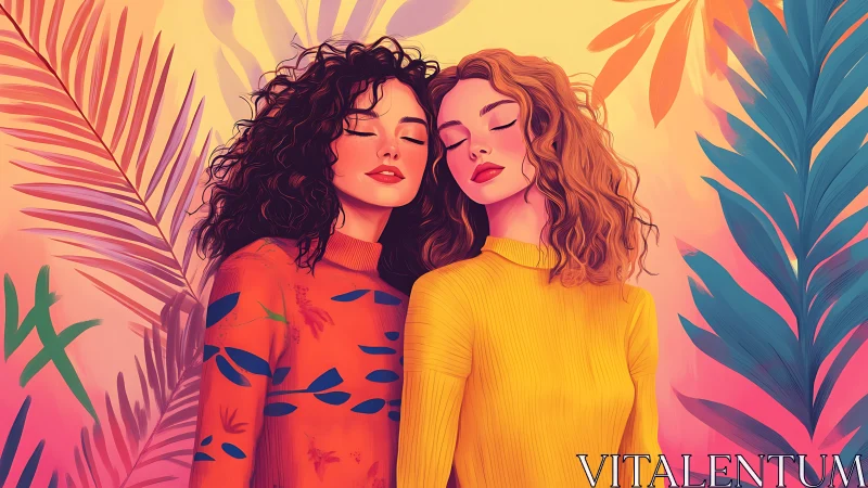 Two Women in Vibrant Botanical Illustration with Warm Tones.