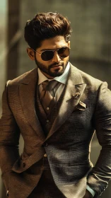 Stylish man in tailored brown suit exudes modern confidence.