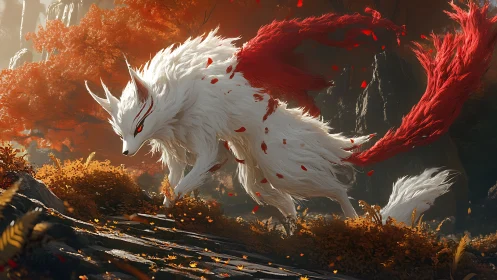 White fox-like creature with red tails in autumn forest.