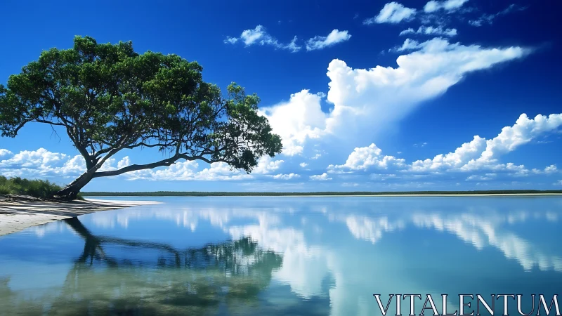 Solitary shoreline tree mirrored on calm blue lagoon.