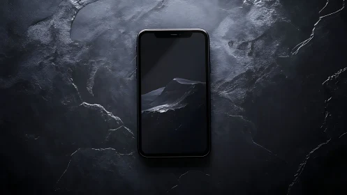 Black smartphone on dark textured stone surface, centered.