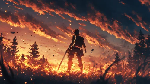 Solitary swordsman stands against burning horizon at dusk
