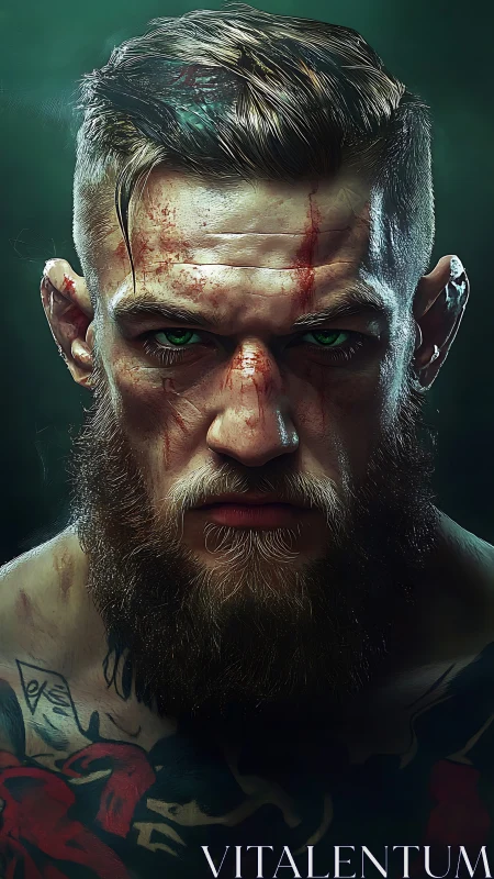 Digital portrait of bruised bearded fighter with tattoos.