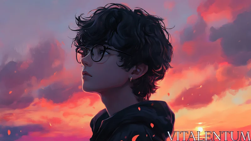 Contemplative youth in glasses gazes into a painted sunset sky.