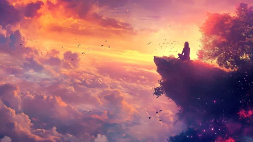 Silhouetted figure observes volumetric sunset clouds from cliff edge