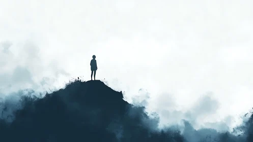 Solitary human figure on a dark ridge under pale sky.