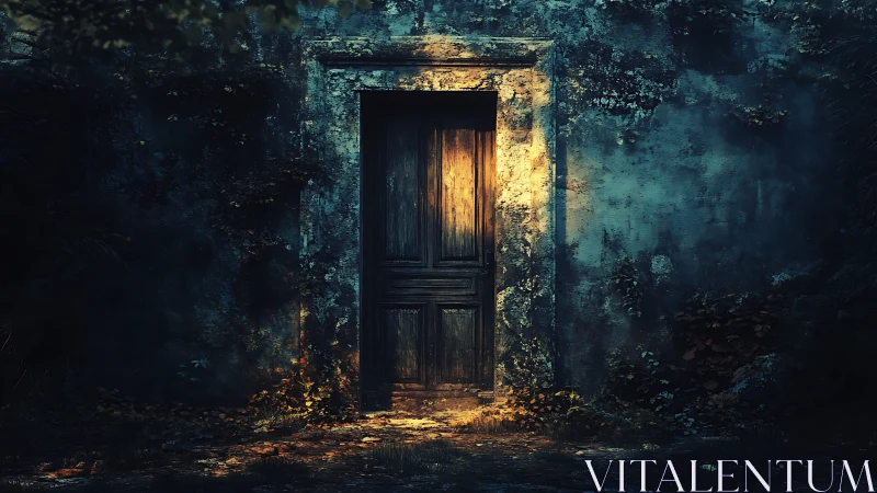 Weathered wooden door in mossy stone wall at dusk light.