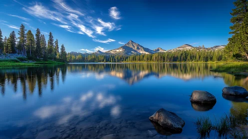 Mirror-still mountain lake quietly rehearses the morning sky