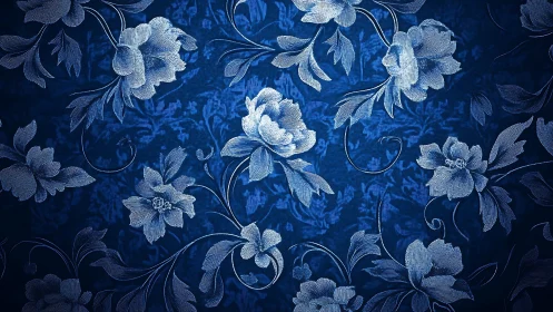 Monochromatic Floral Embroidery on Deep Blue Textile.