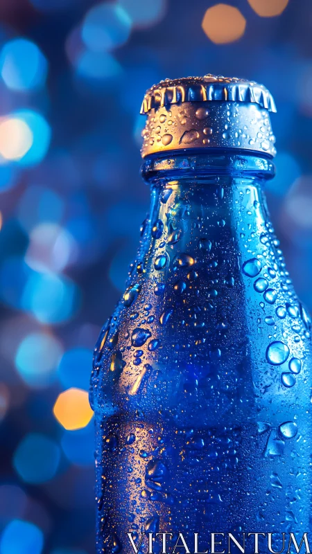 Chilled blue glass bottle glows against soft bokeh lights.