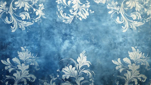 Distressed blue wall backdrop with ornate white floral flourishes