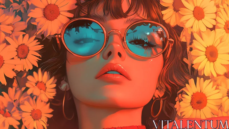 Woman in tinted sunglasses surrounded by yellow daisies.