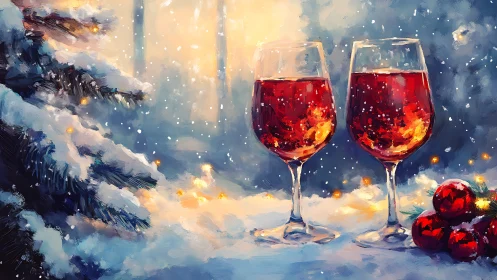 Winter sunset still life with red wine glasses in snow