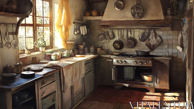Sunlit rustic kitchen interior shows cookware and storage