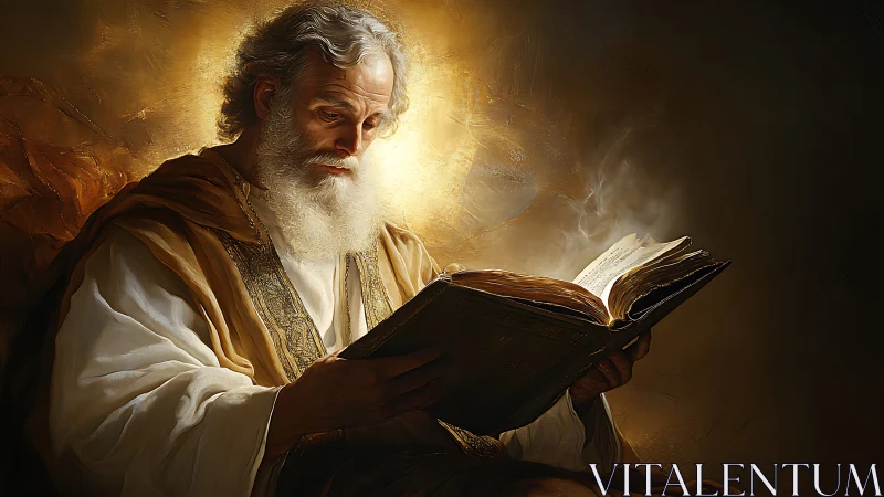 Luminous elder reading a glowing ancient book of wonders.