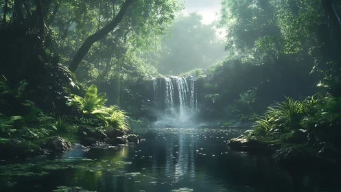 Tropical waterfall cascades through dense forest canopy with pool