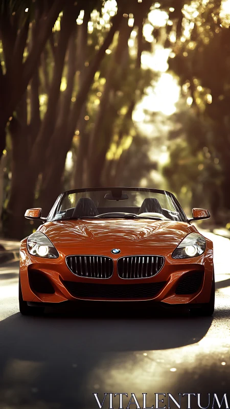 Orange roadster captures frontal low-angle view with sunlit bokeh