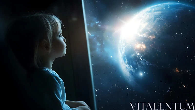 Child profile is positioned beside a luminous rendered planet
