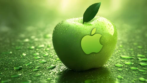 Vibrant green apple with Apple logo in hyper-realistic style.