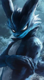 Blue anthropomorphic creature in icy digital environment.