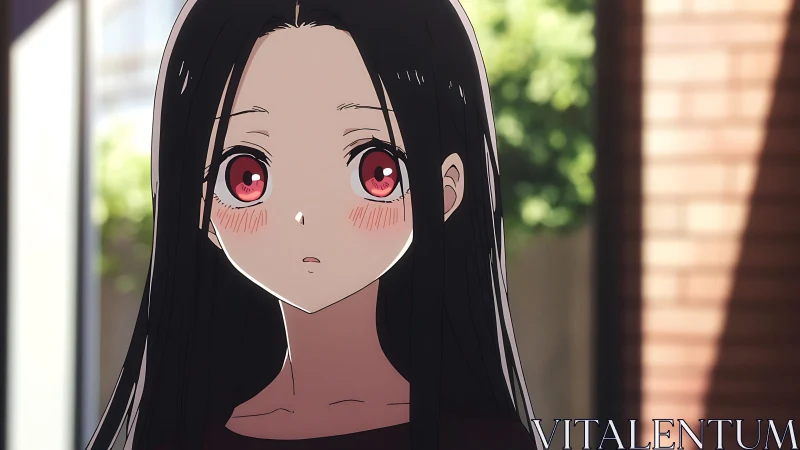 Soft-lit anime girl portrait with blush and red eyes.