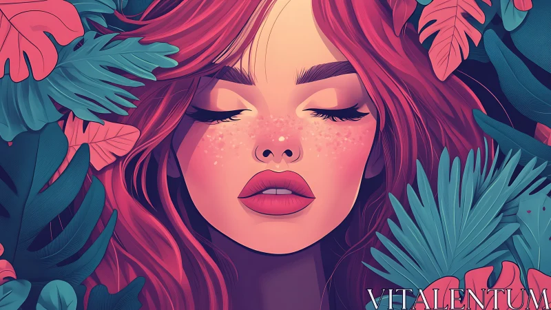 Red haired woman with closed eyes framed by tropical leaves