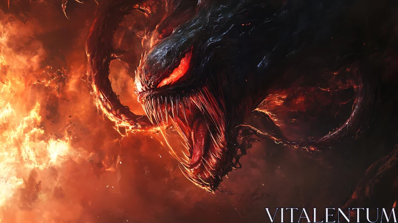 Demonic serpent head lunges from swirling inferno flames.