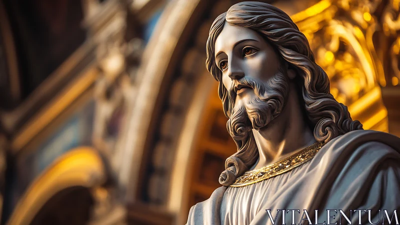 Sacred marble figure glows softly in golden cathedral light