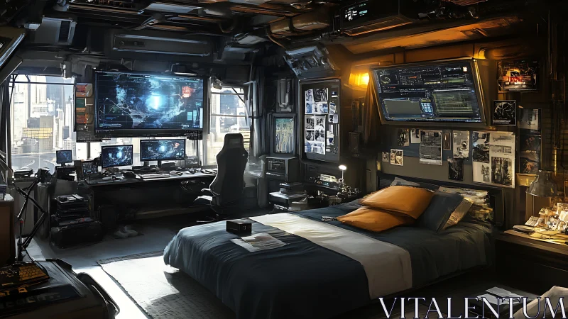 Futuristic hacker bedroom merges comfort with command center.