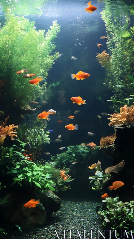 Goldfish and plants in a densely planted aquarium scene.
