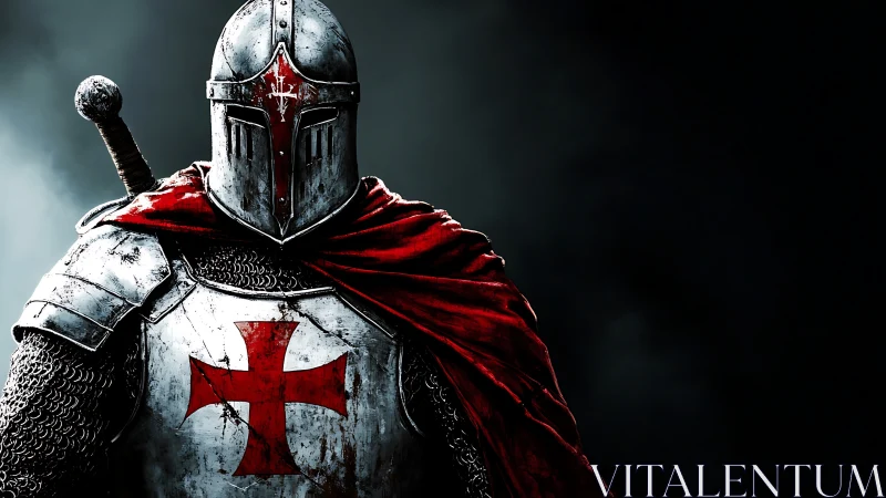 Crusader knight in steel armor with crimson cross cloak.