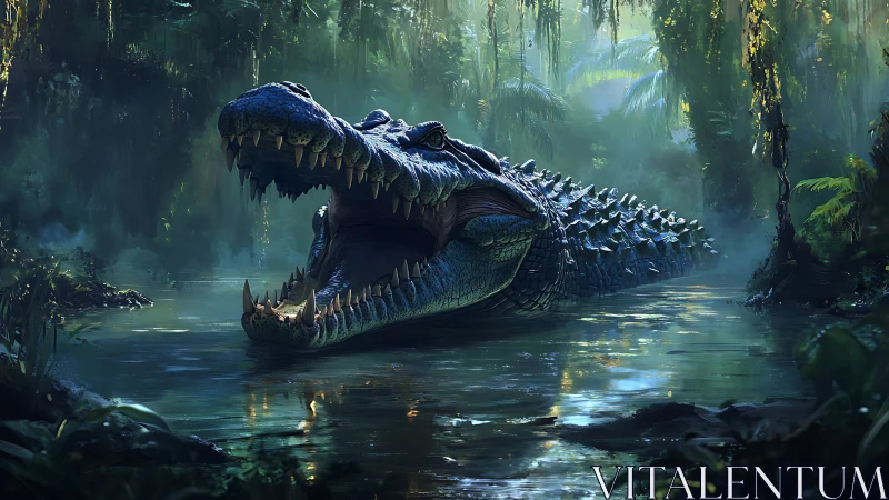 Giant crocodile with open jaws dominates misty jungle river.