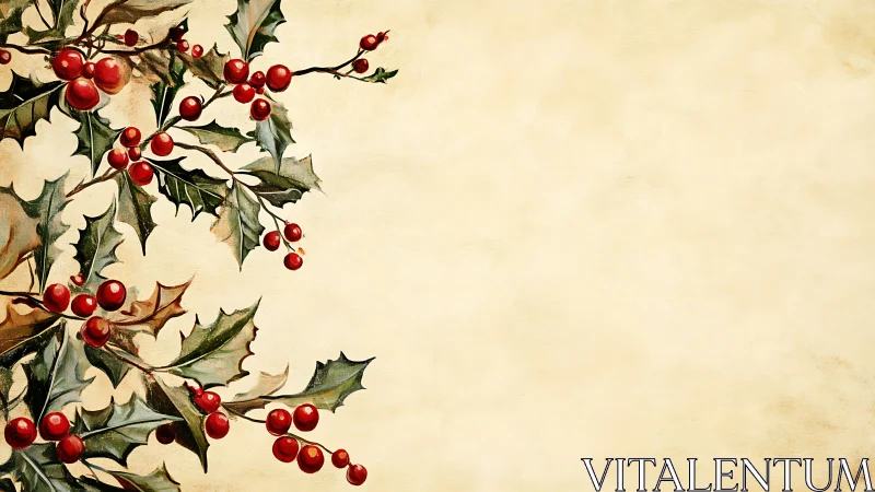 Holly berries dancing on warm vintage holiday parchment.