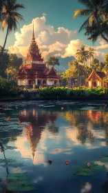 Temple complex and pond reflection form vertical landscape